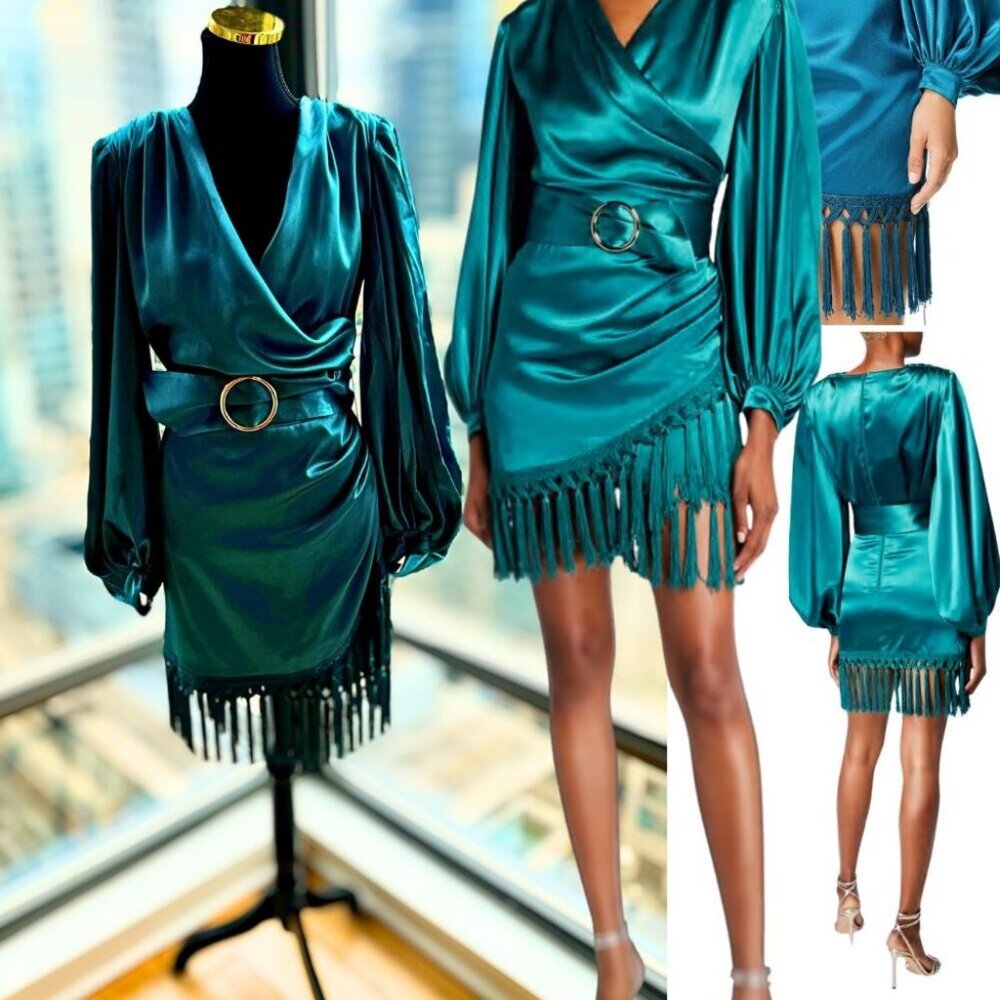 🆕 BRONX & BANCO 🧿 NWOT Monica Long Sleeve Satin Wrap Dress Fringed Hem- S US4